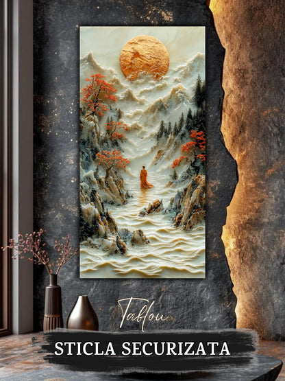 Mockup 1 – Tablou pentru living – Călătorul din valea albă: Un om mic într-un peisaj vast, sub copaci roșii, print UV pe sticlă securizată | Art-Zen