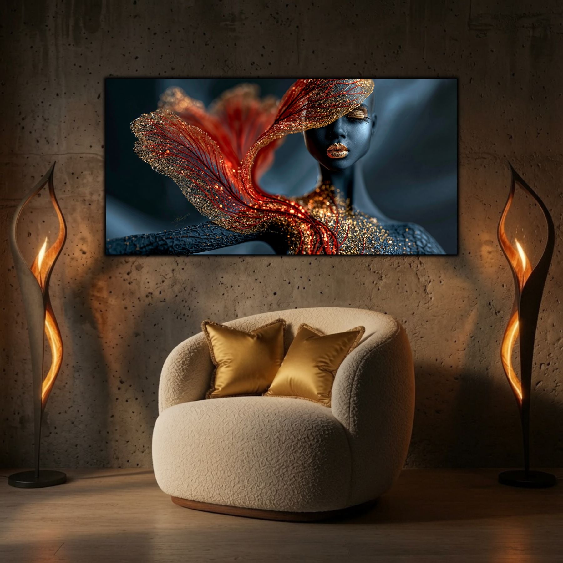 Tabloul decorativ Burning Veil completează un living modern prin contraste rafinate, reflexii aurii și forme eterice inspirate de lumină.