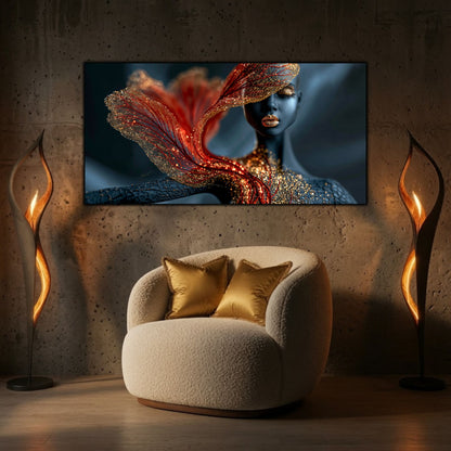 Tabloul decorativ Burning Veil completează un living modern prin contraste rafinate, reflexii aurii și forme eterice inspirate de lumină.