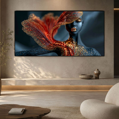 Tablou decorativ pe sticlă Burning Veil integrat într-un interior minimalist, unde lumina și eleganța devin elemente centrale ale designului.