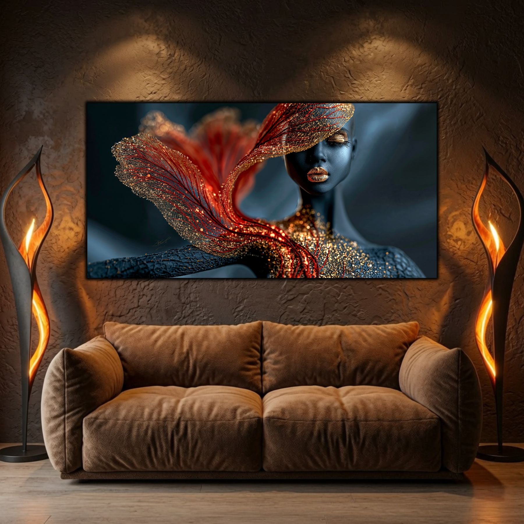 Burning Veil transformă un living sofisticat într-un spațiu contemplativ prin reflexii subtile și compoziție artistică premium.