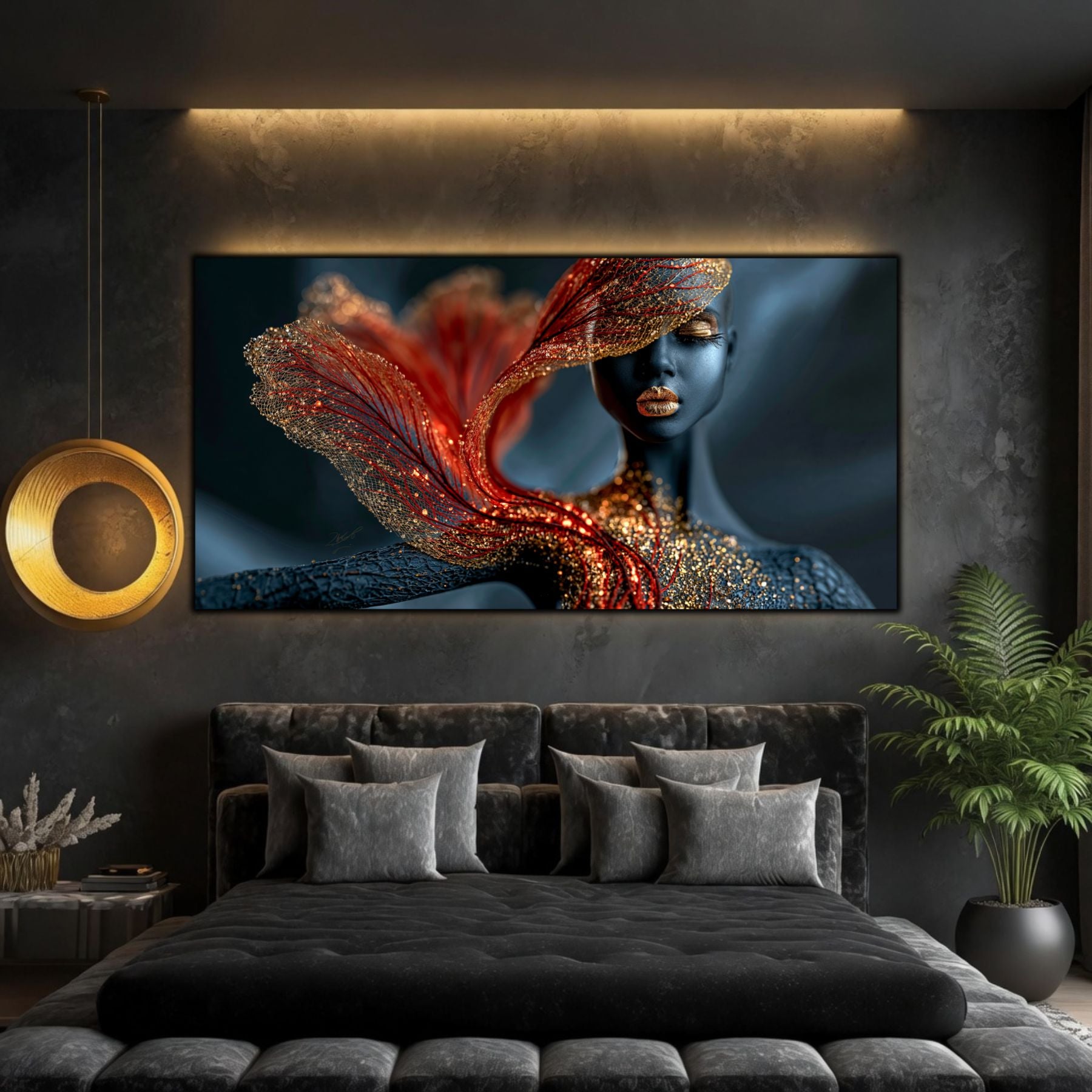 Burning Veil completează armonios un dormitor modern prin lumini calde, transparențe fine și expresie artistică contemporană.