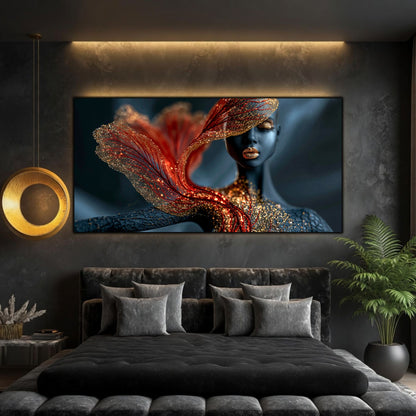 Burning Veil completează armonios un dormitor modern prin lumini calde, transparențe fine și expresie artistică contemporană.