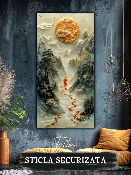 Mockup 1 – Tablou pentru living – Drumul de mătase roșie: O trecere fină prin spațiu, apă și stâncă, print UV pe sticlă securizată | Art-Zen