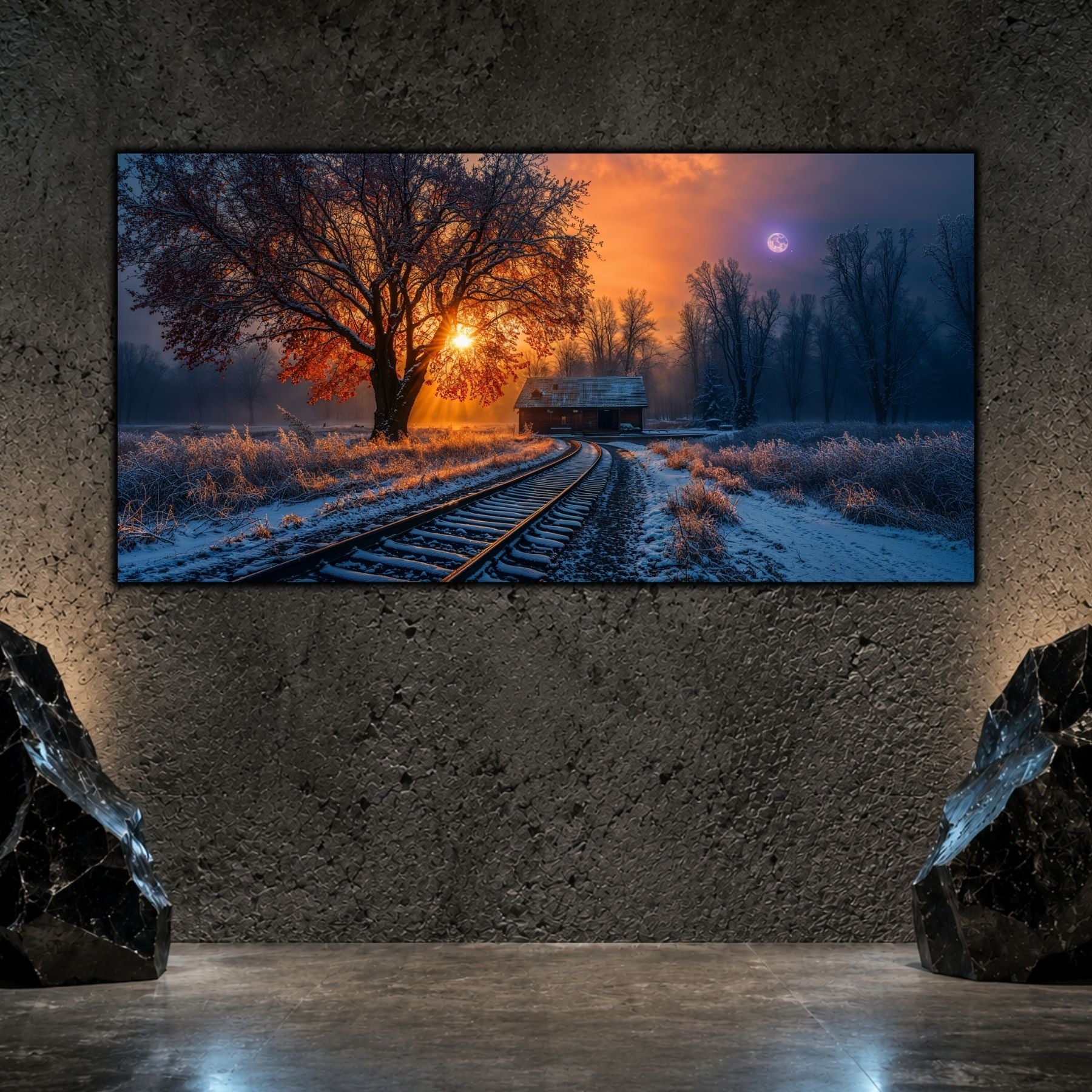 Tablou living elegant „The Road That cu copaci ruginii, si o statie de tren sau casuta, sub lumina rosie si violeta a soarelui la apus, peste calea ferata.