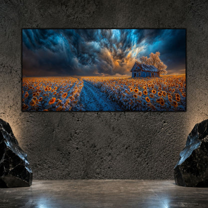 Tablou living elegant „The Field That Waits” pe sticlă securizată – mockup într-un living modern