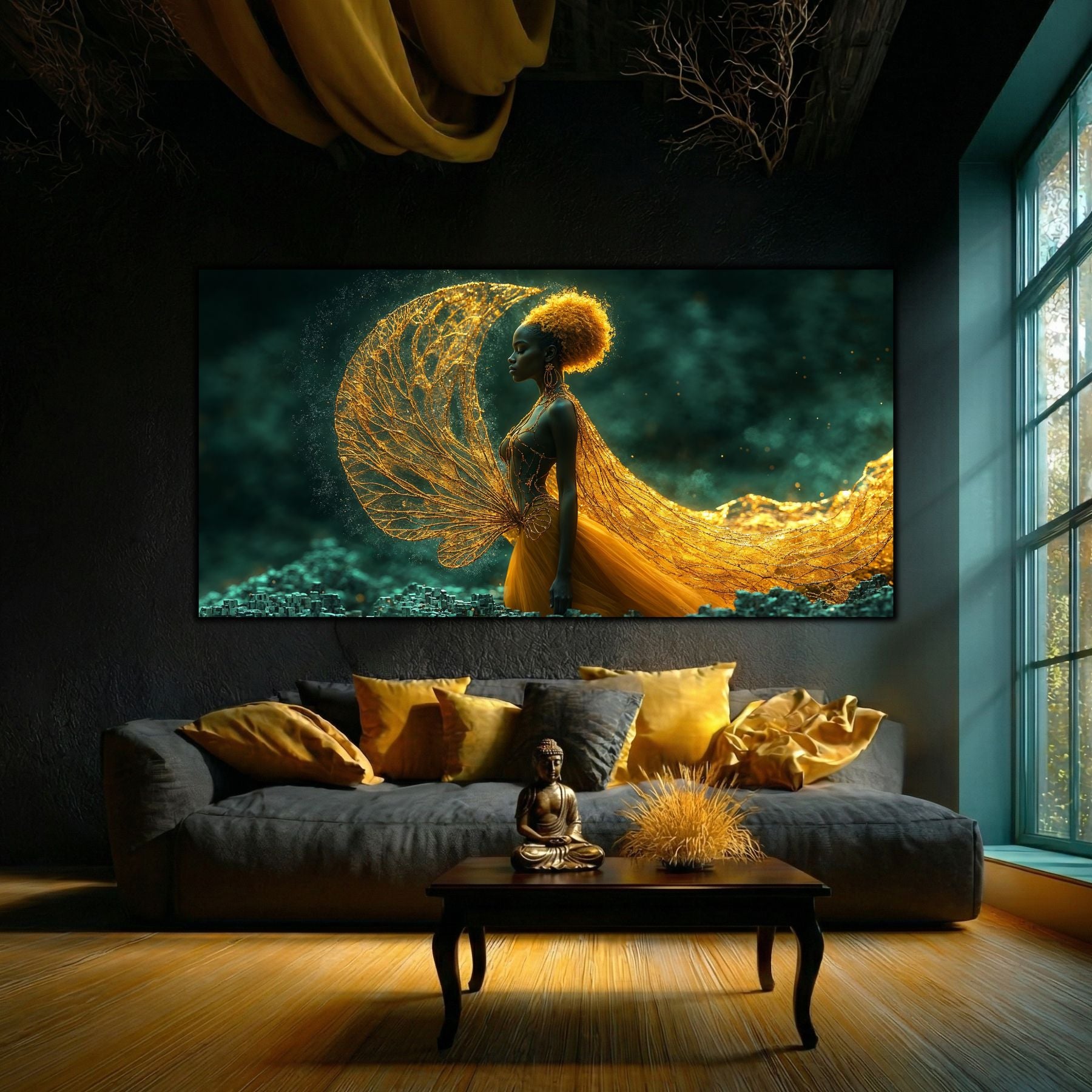 tablou living modern Gând Efemer – mockup living spectaculos in culori galbene, modern