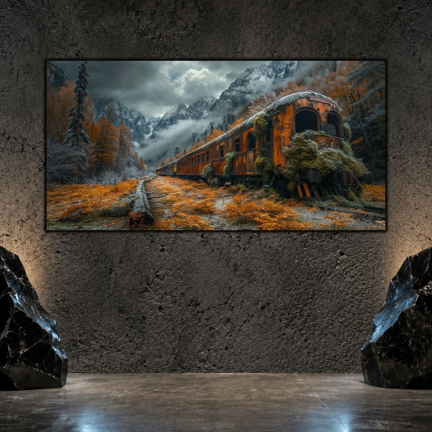Tablou living elegant „Rusted Arrival” cu un tren parasit si macinat de rugina, inconjurat de iarba atinsa de culoeile toamnei, cu ceata deasupra, albastra si rece.