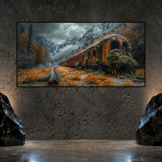 Tablou living elegant „Rusted Arrival” cu un tren parasit si macinat de rugina, inconjurat de iarba atinsa de culoeile toamnei, cu ceata deasupra, albastra si rece.