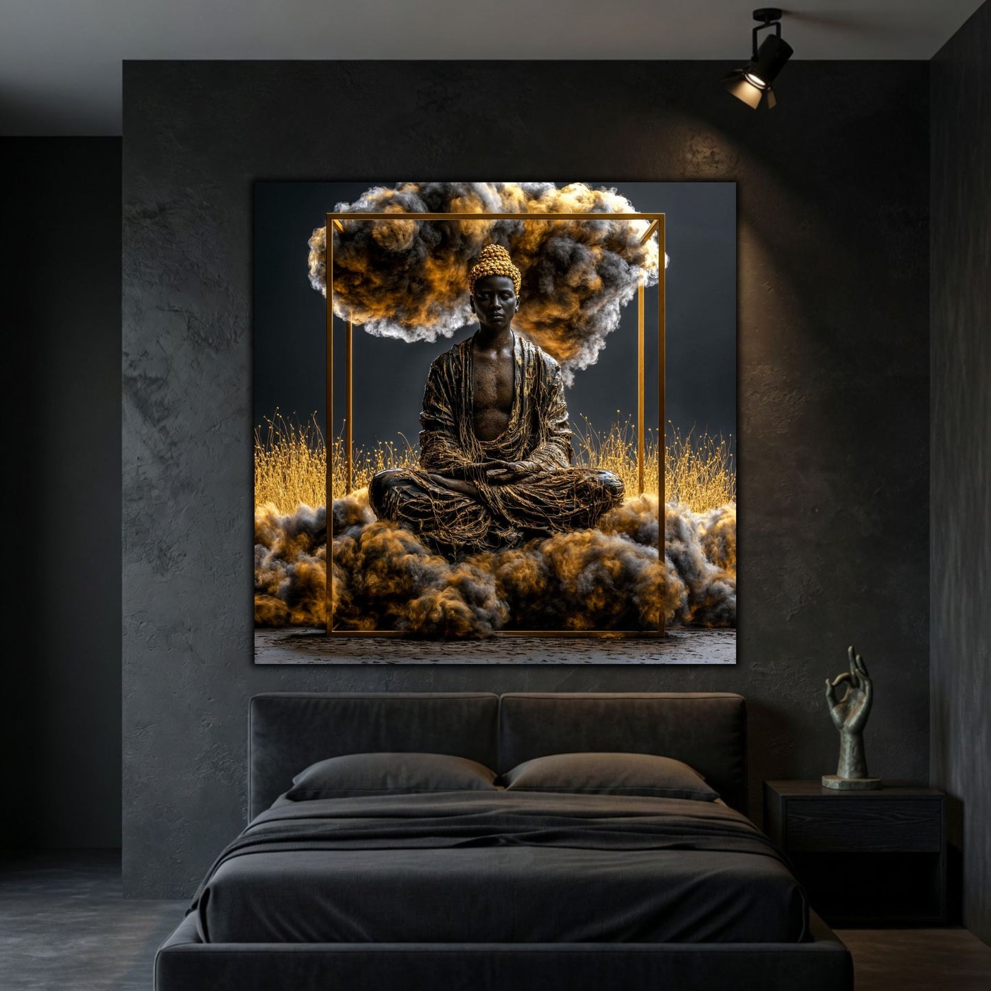 Tablou living Epicentrul – colecția Still Becoming – sticlă ultra-clară 4mm, intr-un dormitor minimalist in cuori inhise si atmosfera meditativa