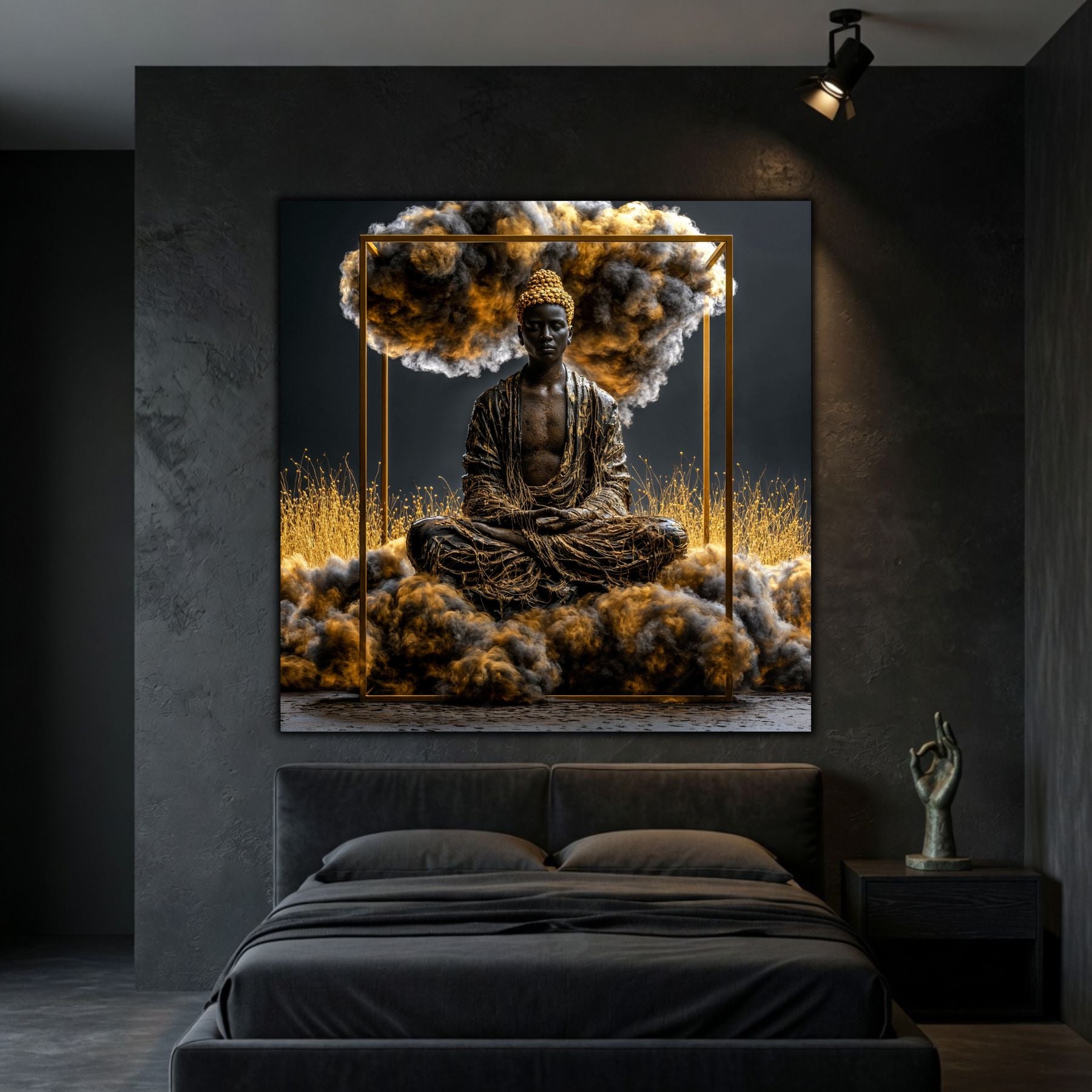 Tablou living Epicentrul – colecția Still Becoming – sticlă ultra-clară 4mm, intr-un dormitor minimalist in cuori inhise si atmosfera meditativa