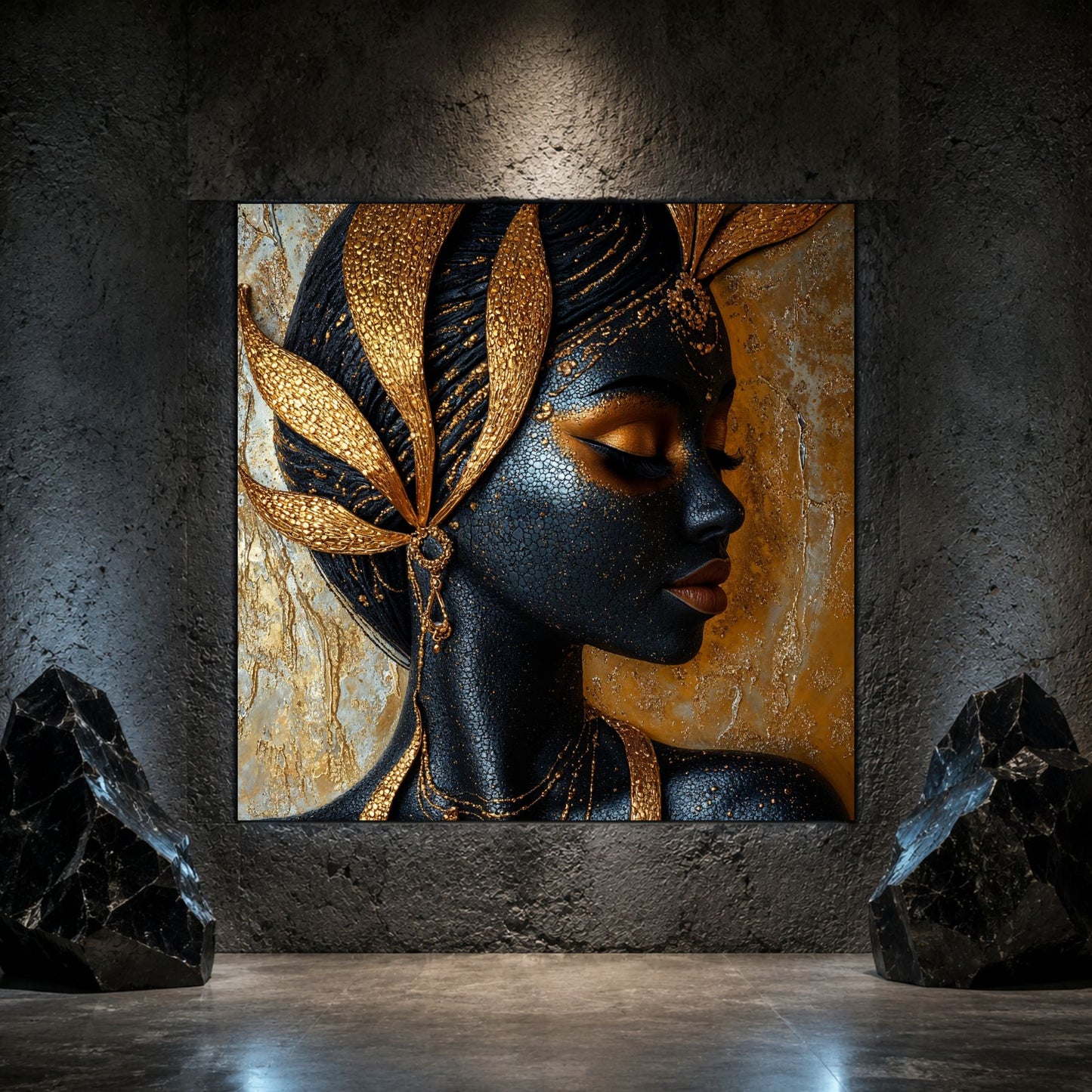 Tablou living Gilded Profile pe sticlă securizată, prezentat într-un interior modern.