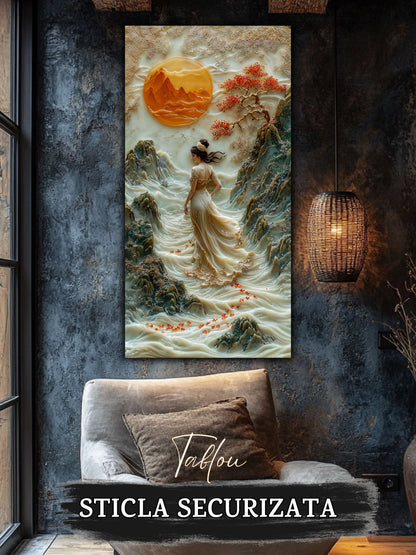 Mockup 1 – Tablou pentru living – Grădina dintre munți: Lumină de chihlimbar, apă și ramuri înflorite, print UV pe sticlă securizată | Art-Zen