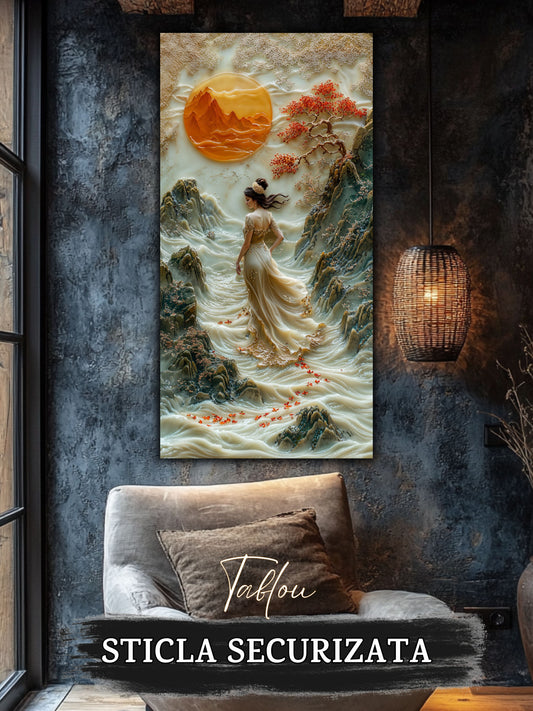 Mockup 1 – Tablou pentru living – Grădina dintre munți: Lumină de chihlimbar, apă și ramuri înflorite, print UV pe sticlă securizată | Art-Zen