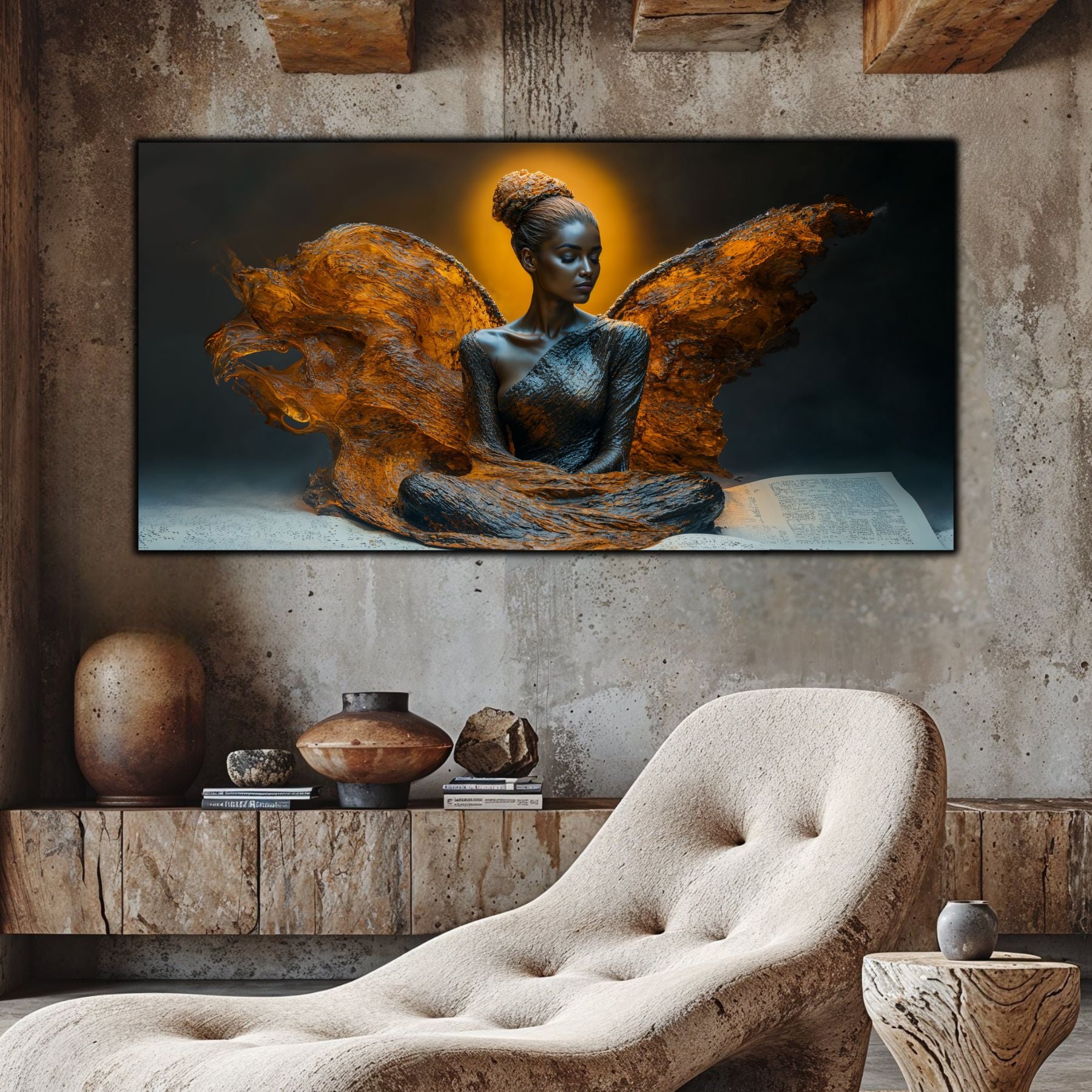 Tablou mare si elegant pentru living sau sufragerie, cu un portret feminin cu aripi de caramel topit