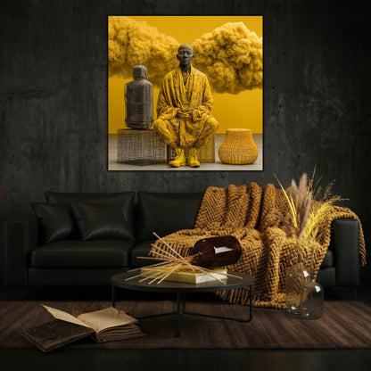Tablou living modern si abstract printt uv pe sticla, deasupra unei canaele cu patura gabena
