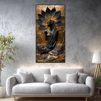 Tablou vertical Lotus Within pe sticlă securizată, în living luminos, cu canapea albă și perete mineral