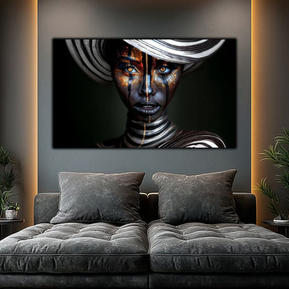 Tablou living de lux pe sticlă securizată – portret feminin dramatic în negru, auriu și alb, colecția Noir-Lux Alchemy, montat pe perete într-un living modern cu canapea bej și lumină naturală