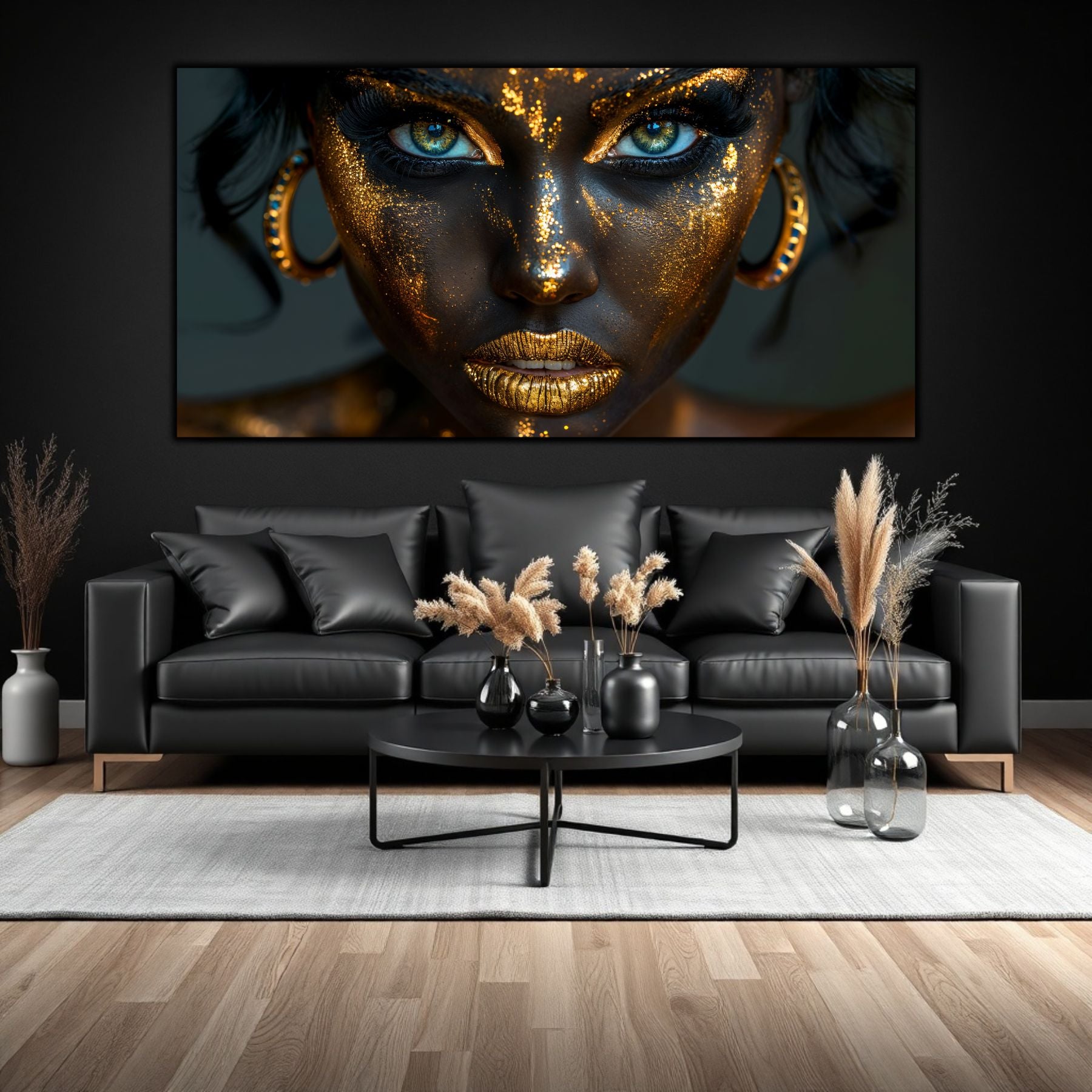 Tablou living de lux pe sticlă securizată – portret feminin cu ochi turcoaz și aur granular, a treia piesă a trilogiei Noir-Lux Alchemy, montat pe perete într-un living dark-modern cu canapea neagră din piele.