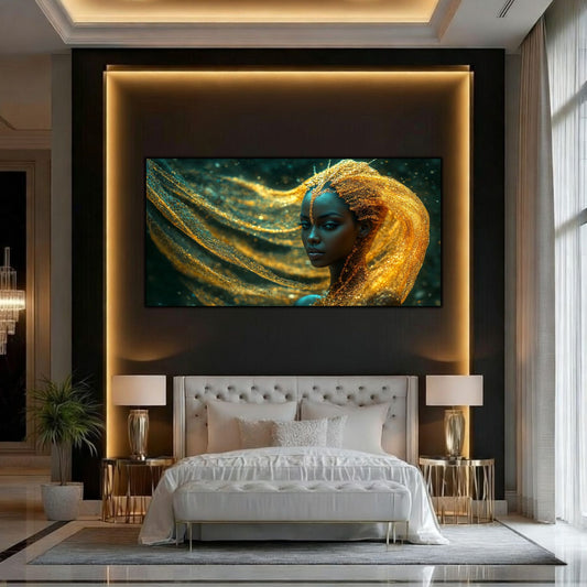 Tablou decorativ cu portret abstract al unei femei cu voal galben in bataia vantului, pe peretele unui living spectaculos
