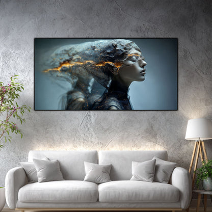 Tablou living modern cu profil feminin argintiu și fisuri aurii, deasupra unei canapele albe, pe perete gri deschis, lângă o lampă trepied și plante.