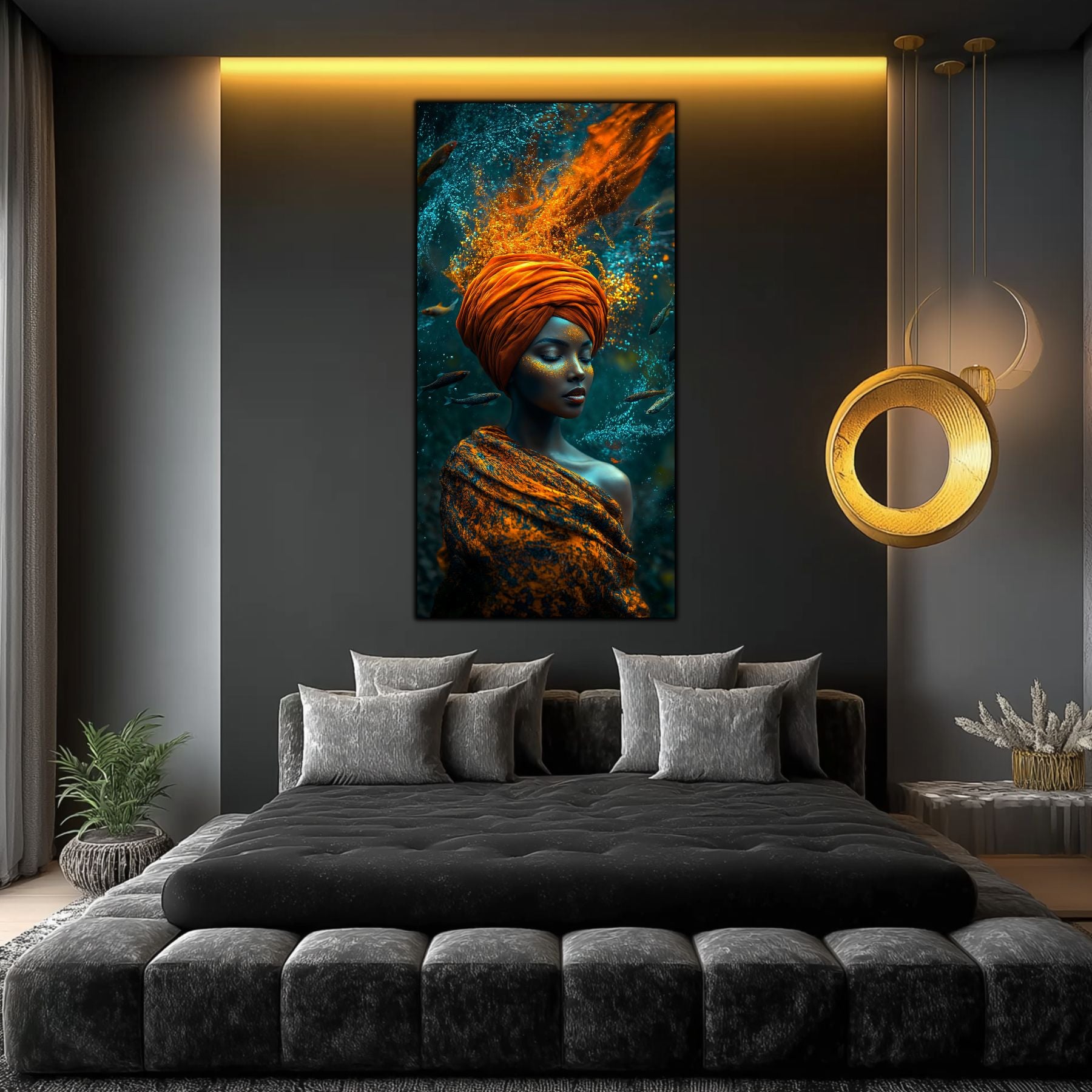 Tablou modern pentru living, femeie meditând sub apă cu accente portocalii, imprimat pe sticlă securizată 4mm.