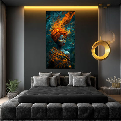 Tablou modern pentru living, femeie meditând sub apă cu accente portocalii, imprimat pe sticlă securizată 4mm.
