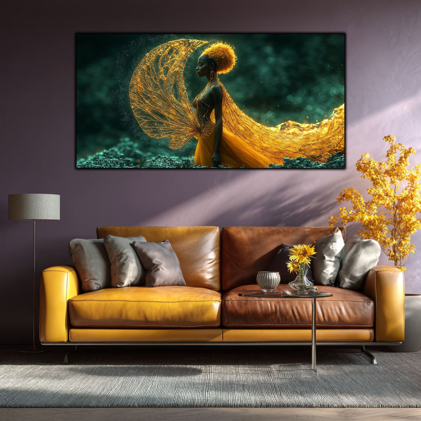 tablou living modern Gând Efemer – prezentat deasupra unei canapele maro pe un perete mov