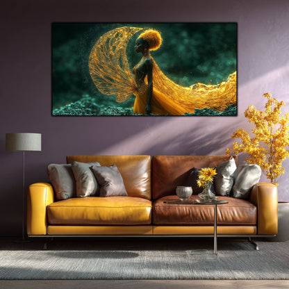 tablou living modern Gând Efemer – prezentat deasupra unei canapele maro pe un perete mov