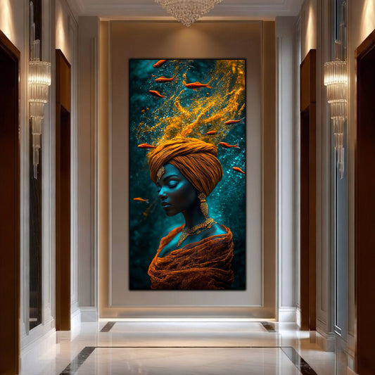 Tablou modern pentru living, contopire armonioasă între portocaliu și turcoaz, imprimat pe sticlă securizată 4mm.