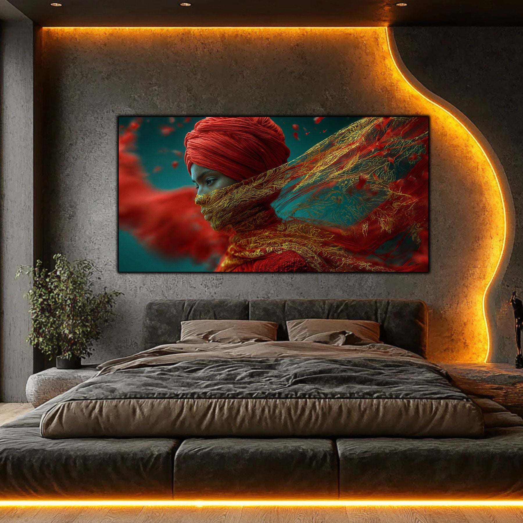 Tablou living modern Flacăra Ascunsă – portret feminin roșu auriu teal, dormitor modern cu iluminare LED aurie