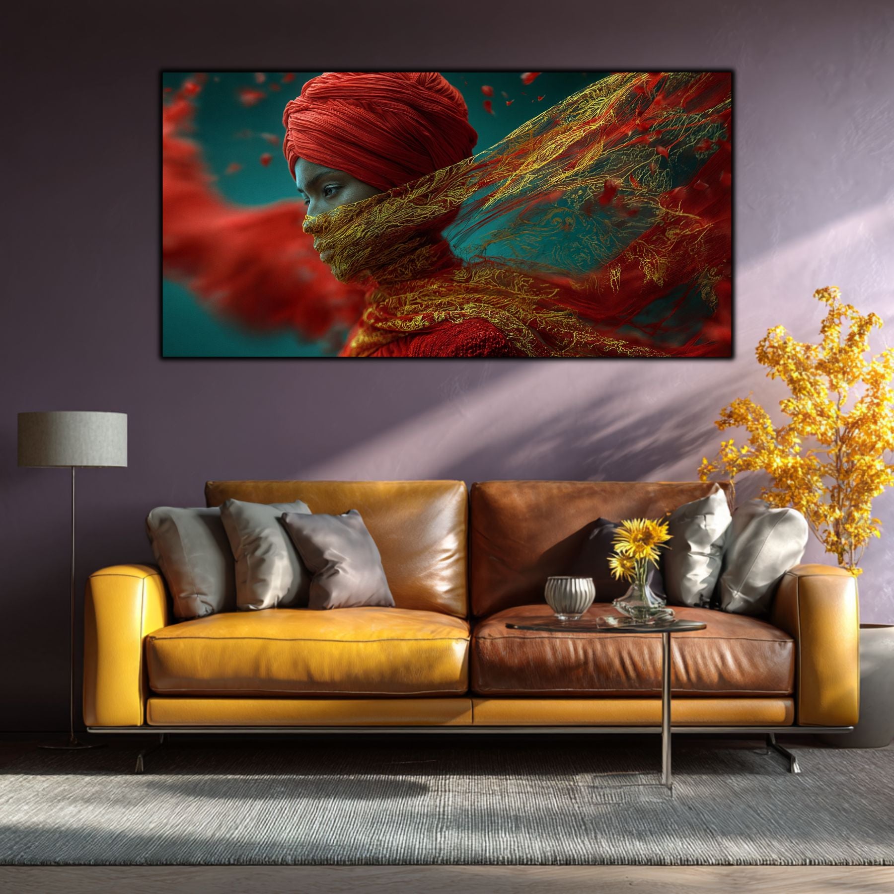  Tablou living modern Flacăra Ascunsă – living cu canapea galbenă. Tabloul adauga farmec sufrageriei tale