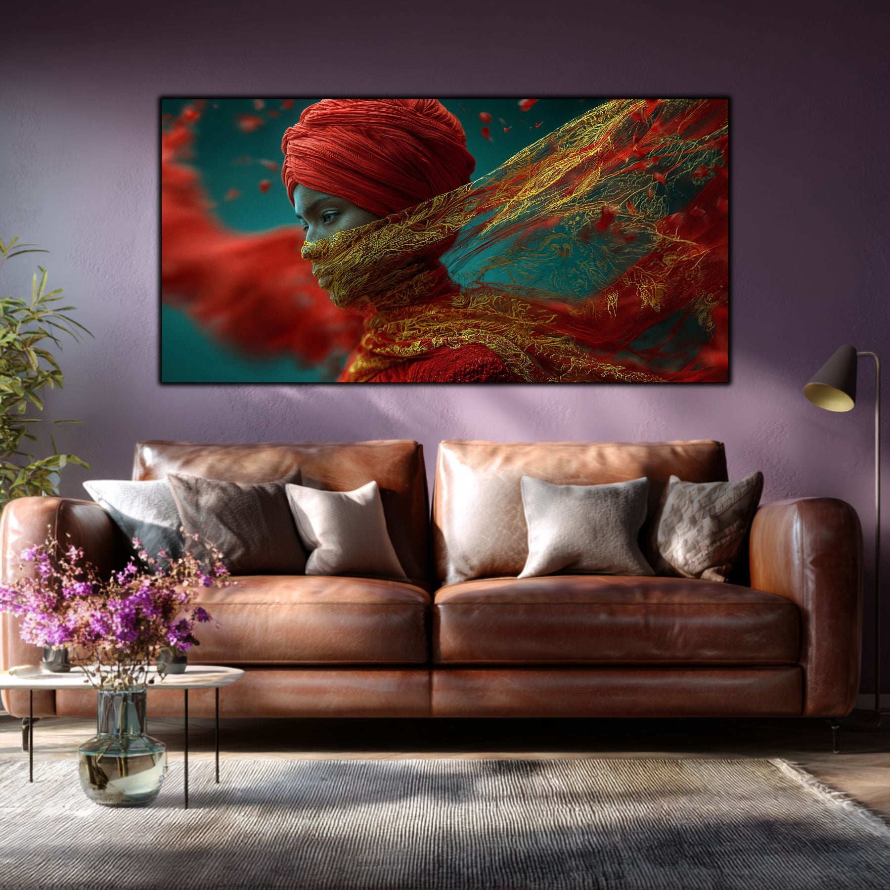 Tablou living modern Flacăra Ascunsă – living cu canapea maro cognac și perete mov. Tablou fascinant pentru case moderne