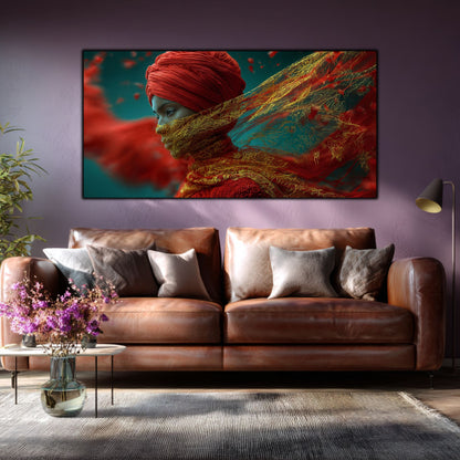 Tablou living modern Flacăra Ascunsă – living cu canapea maro cognac și perete mov. Tablou fascinant pentru case moderne