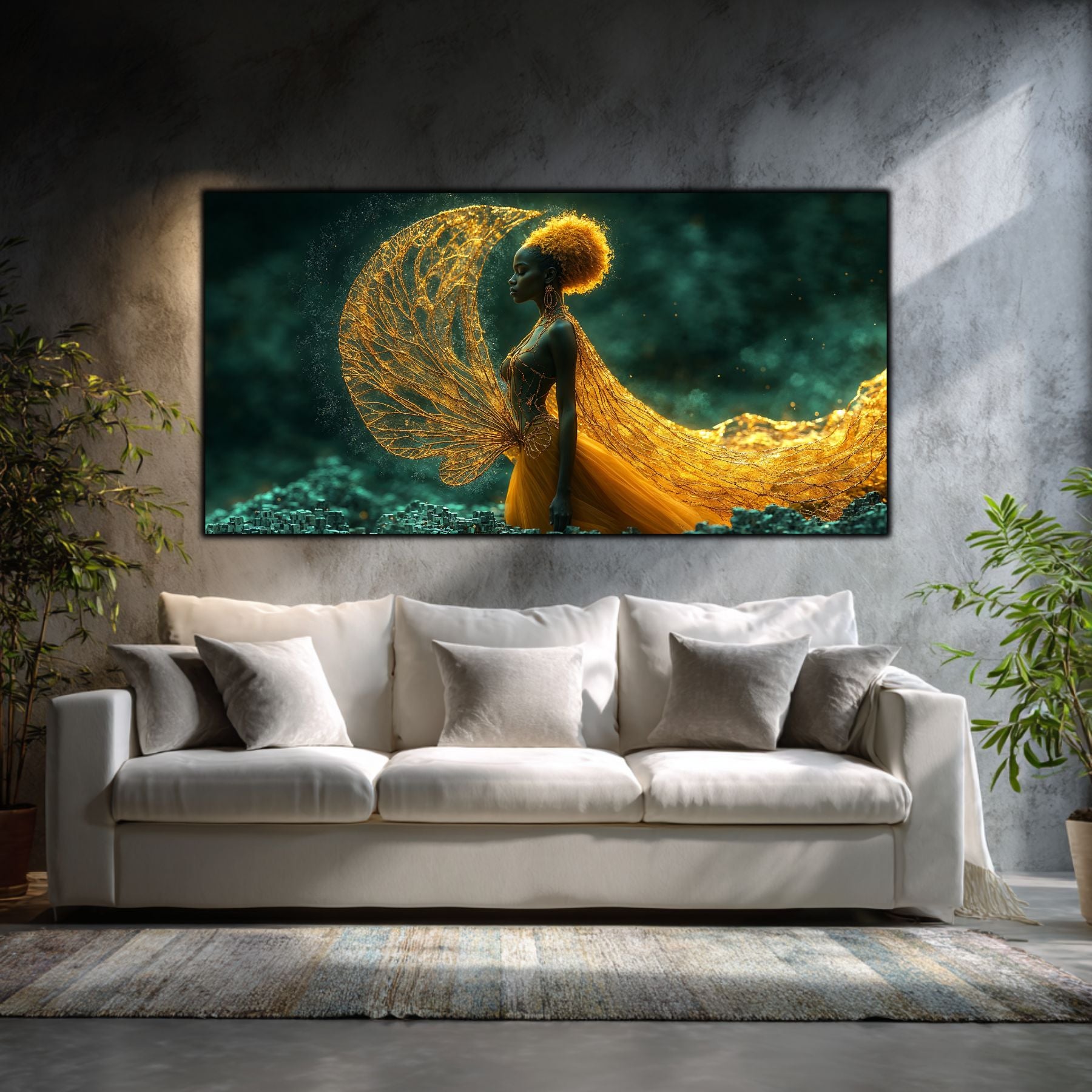 tablou living modern Gând Efemer – deasupra unei canapele albe, pe un perete cu lumini si umbre