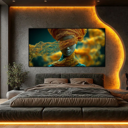 Tablou living modern pe sticlă Dincolo de Voal – figură feminină teal auriu, dormitor modern cu iluminare LED aurie