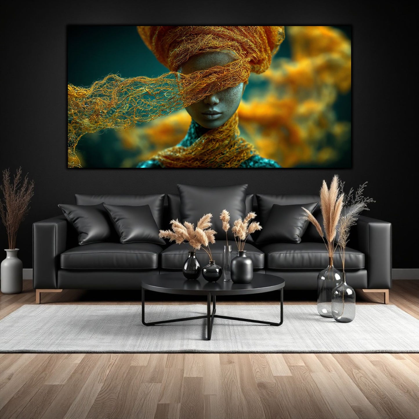 Tablou living modern pe sticlă Dincolo de Voal – living cu canapea neagră și decor minimal