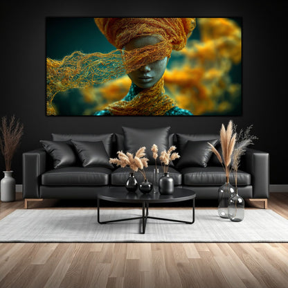 Tablou living modern pe sticlă Dincolo de Voal – living cu canapea neagră și decor minimal