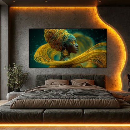 Tablou living modern pe sticlă Fluxul de Aur – dormitor modern cu iluminare ambientală