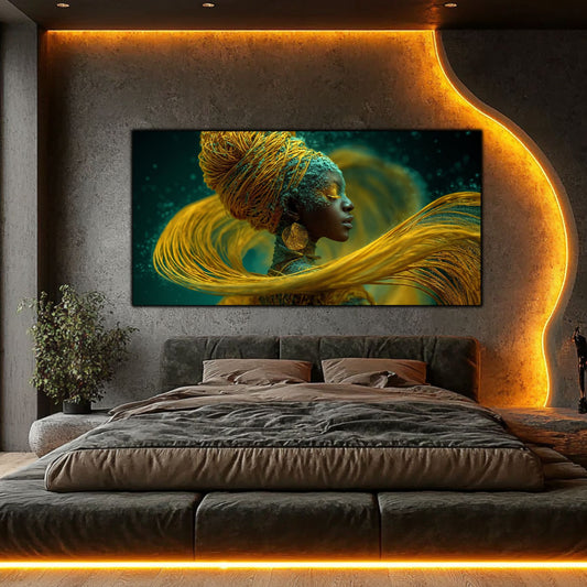 Tablou living modern pe sticlă Fluxul de Aur – dormitor modern cu iluminare ambientală
