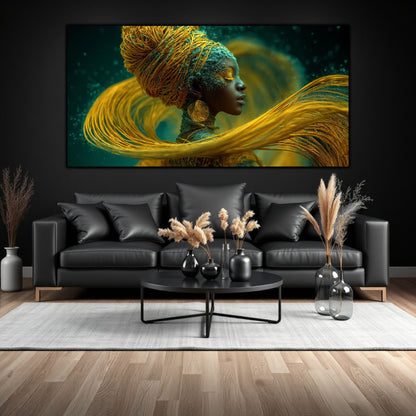 Tablou living modern pe sticlă Fluxul de Aur – portret feminin auriu pe fundal teal, living negru modern