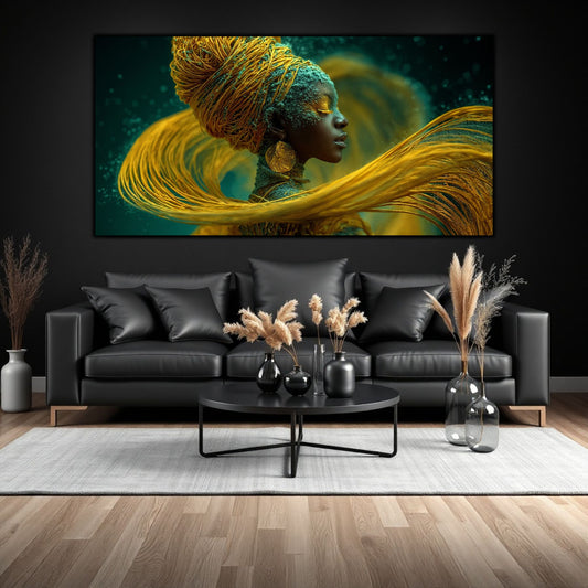 Tablou living modern pe sticlă Fluxul de Aur – portret feminin auriu pe fundal teal, living negru modern