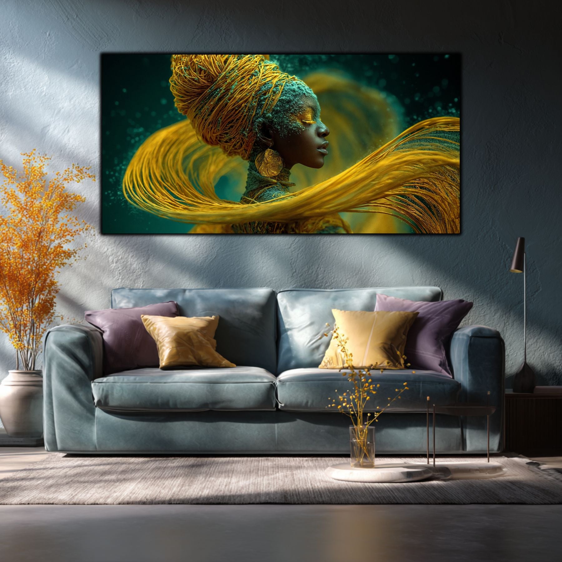 Tablou living modern pe sticlă Fluxul de Aur – living cu canapea gri și perne colorate