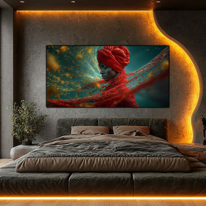 Tablou living modern pe sticlă Mantia de Foc – portret feminin roșu teal, dormitor modern cu iluminare LED aurie