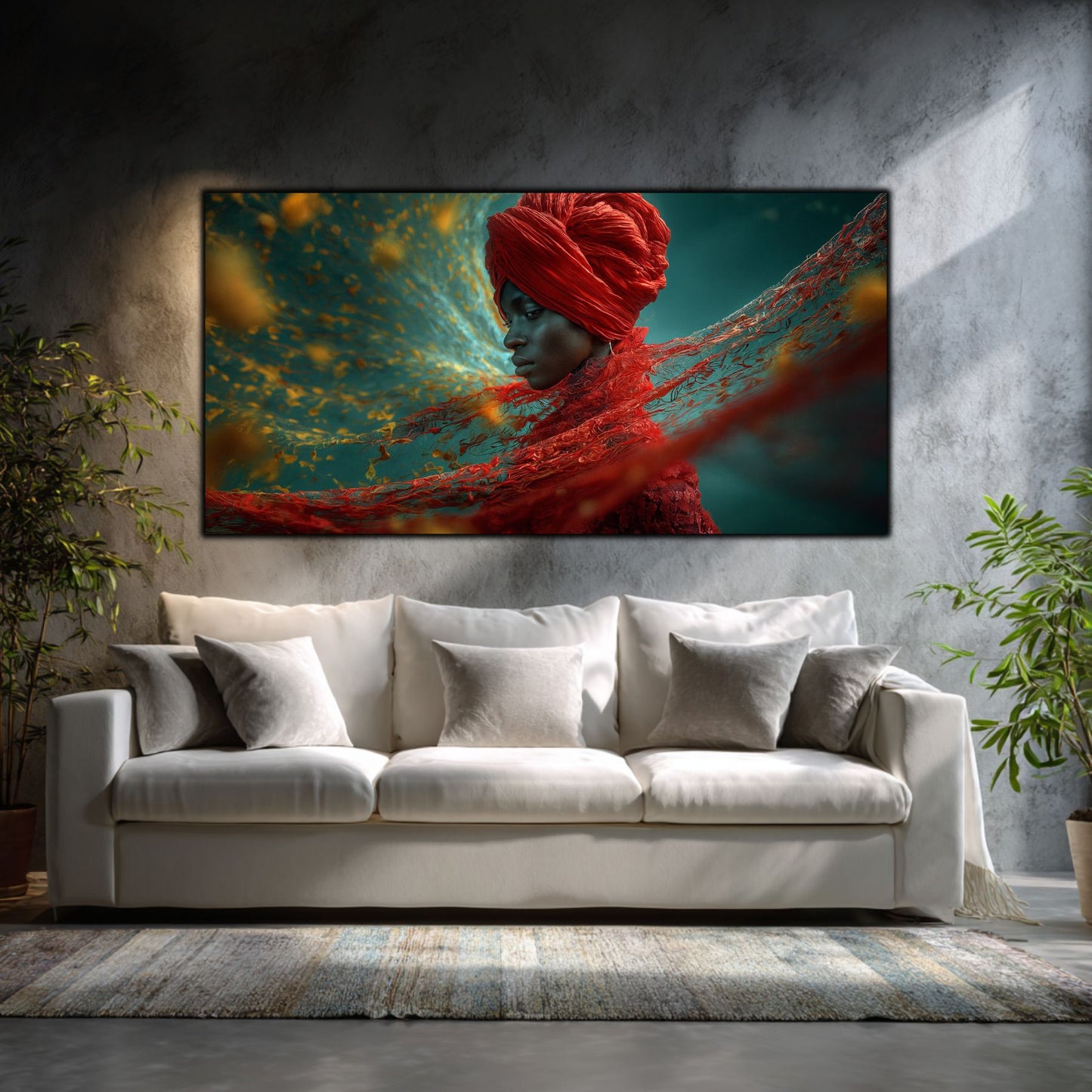 Tablou living modern pe sticlă Mantia de Foc – living minimalist cu canapea albă