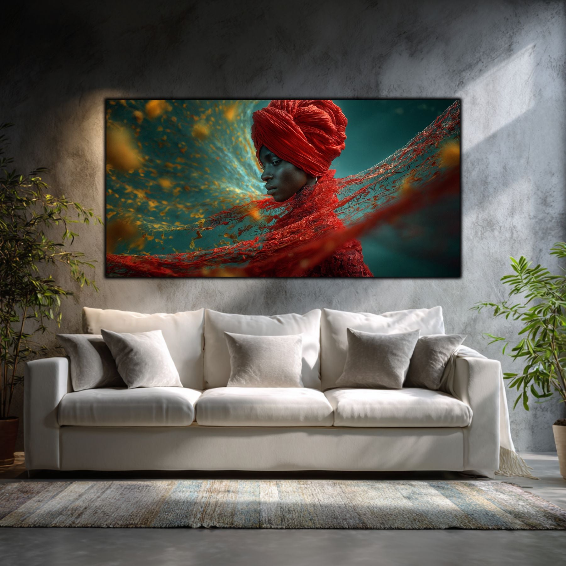 Tablou living modern pe sticlă Mantia de Foc – living minimalist cu canapea albă