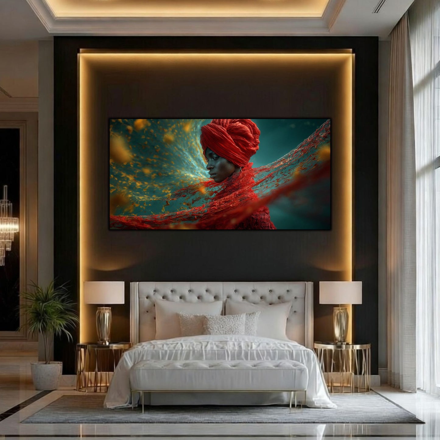 Tablou living modern pe sticlă Mantia de Foc – dormitor premium cu iluminare caldă