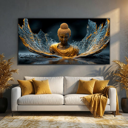 Tablou living modern panoramic cu portret auriu și forme albastru-argintii inscripționate, deasupra unei canapele crem cu perne și pătură ocru.