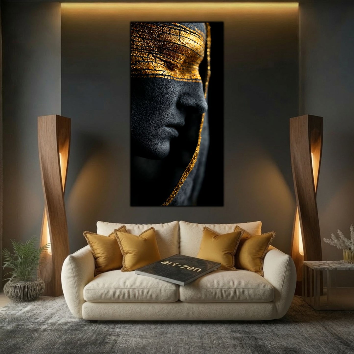 Integrare tablou într-un decor interior modern, estetică zen-luxury și iluminare ambientală contrastantă.