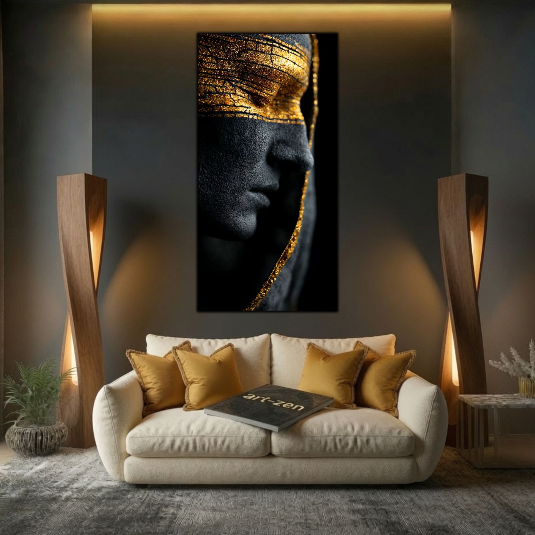 Integrare tablou într-un decor interior modern, estetică zen-luxury și iluminare ambientală contrastantă.